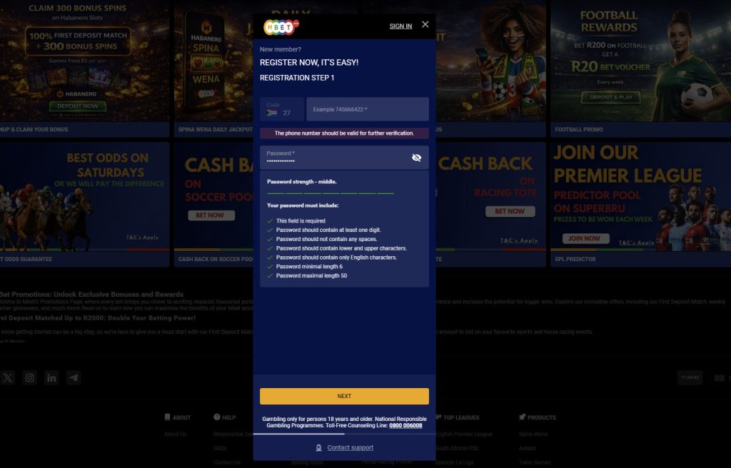mbet registration south africa screenshot of registration form