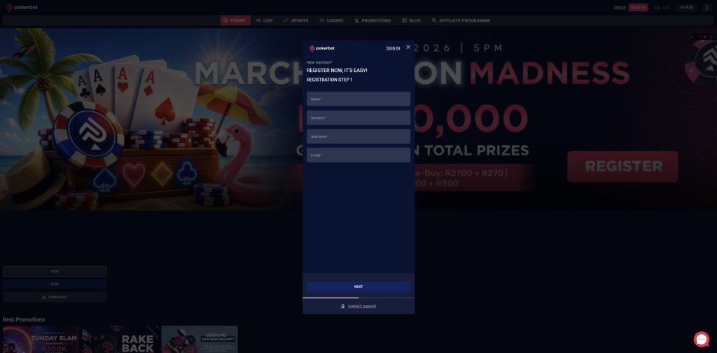 Pokerbet registration South Africa screenshot of pokerbet registration form