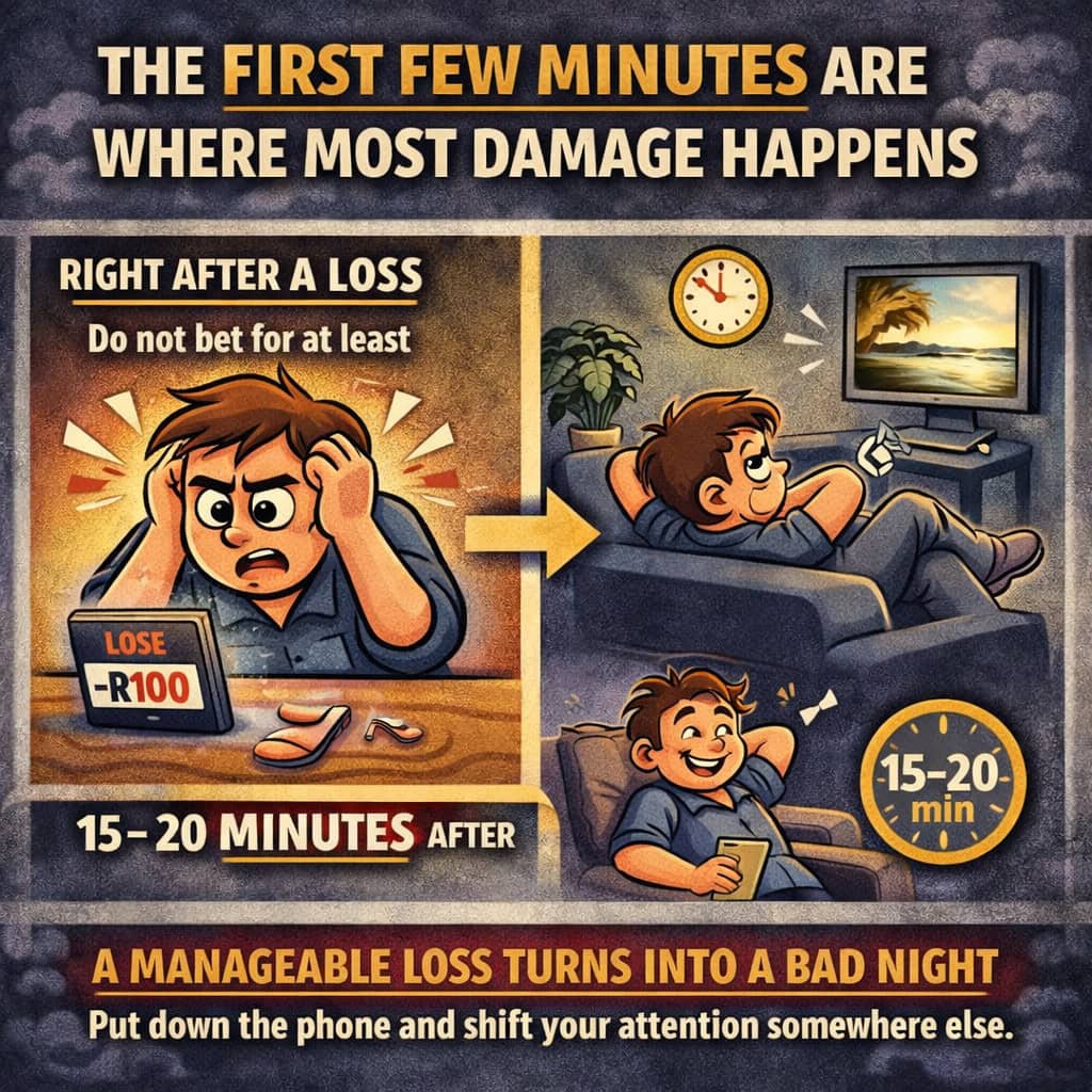 What to do after losing a bet infographic showing the first few minutes after a loss and why bettors should wait 15 to 20 minutes before placing another bet