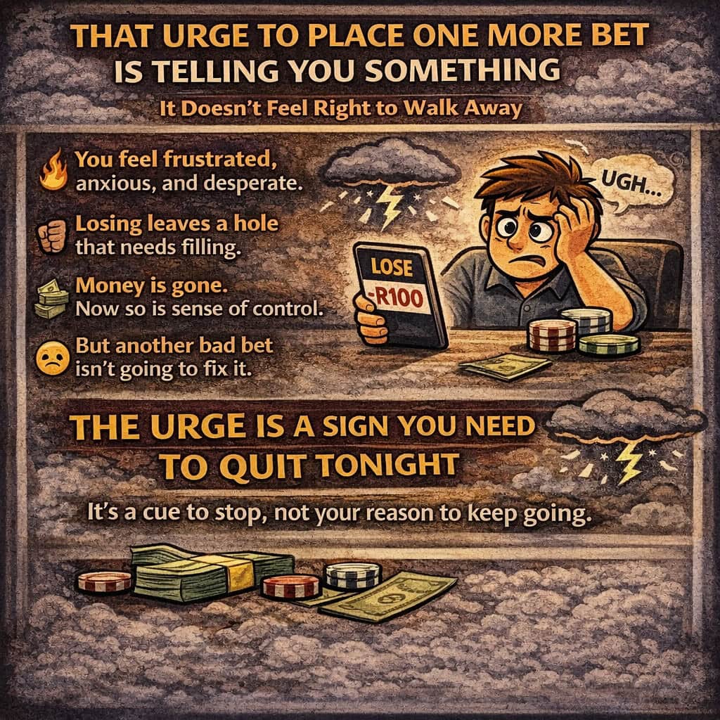 What to do after losing a bet infographic showing the urge to place one more bet and why bettors should stop instead of continuing