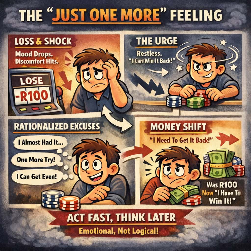 What to do after losing a bet infographic showing the just one more feeling, emotional urge, and steps bettors should take after a loss