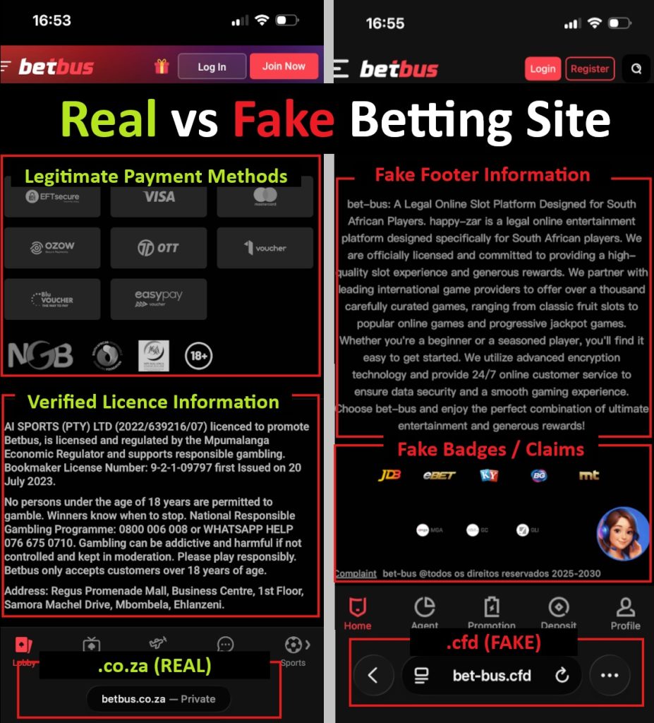 Fake betting site scams South Africa example comparing a real .co.za betting site with a fake .cfd scam site showing red flags like fake licence details and withdrawal traps