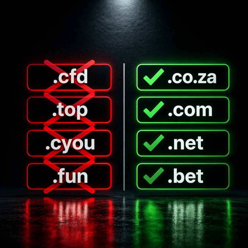Fake betting site scams South Africa example comparing risky domains like .cfd and .top with trusted domains like .co.za and .com