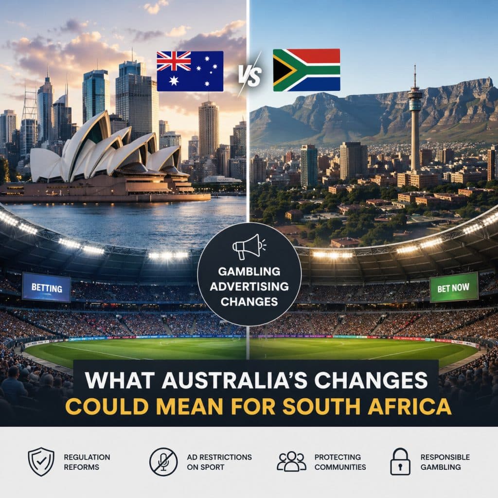 gambling ads South Africa featured image showing Australia and South Africa split comparison with stadiums, city skylines and gambling advertising changes analysis