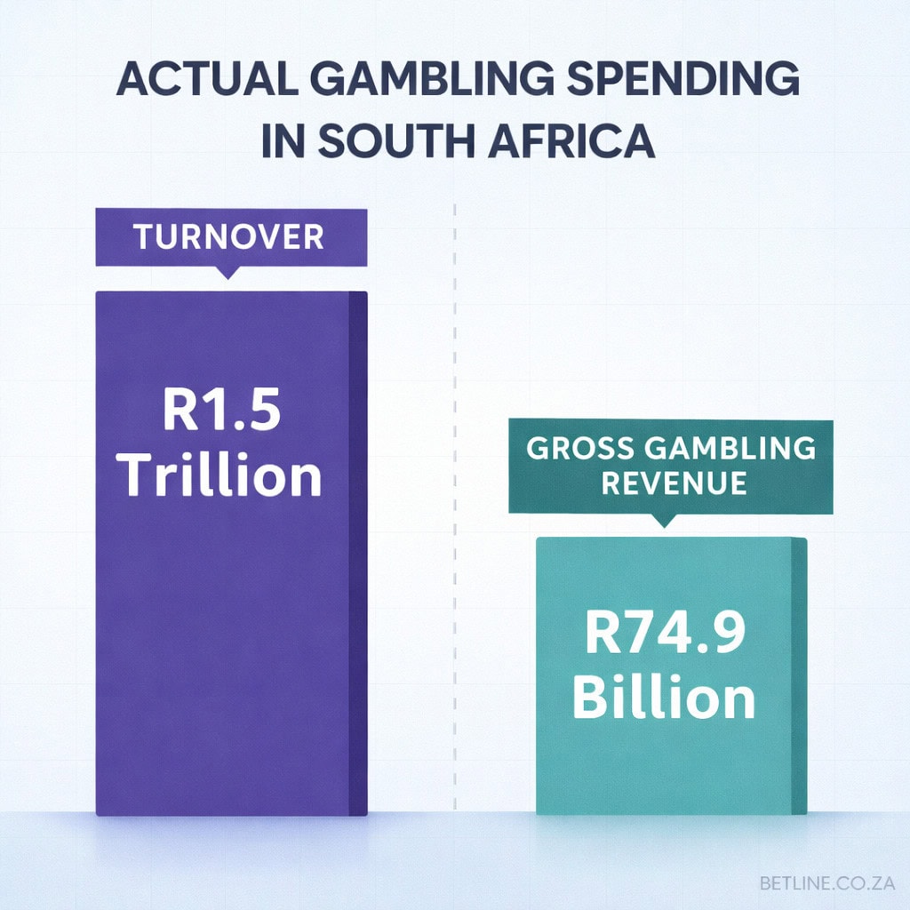 Gambling spending South Africa comparison showing R1.5 trillion turnover vs R74.9 billion GGR with a large turnover bar and smaller revenue bar.