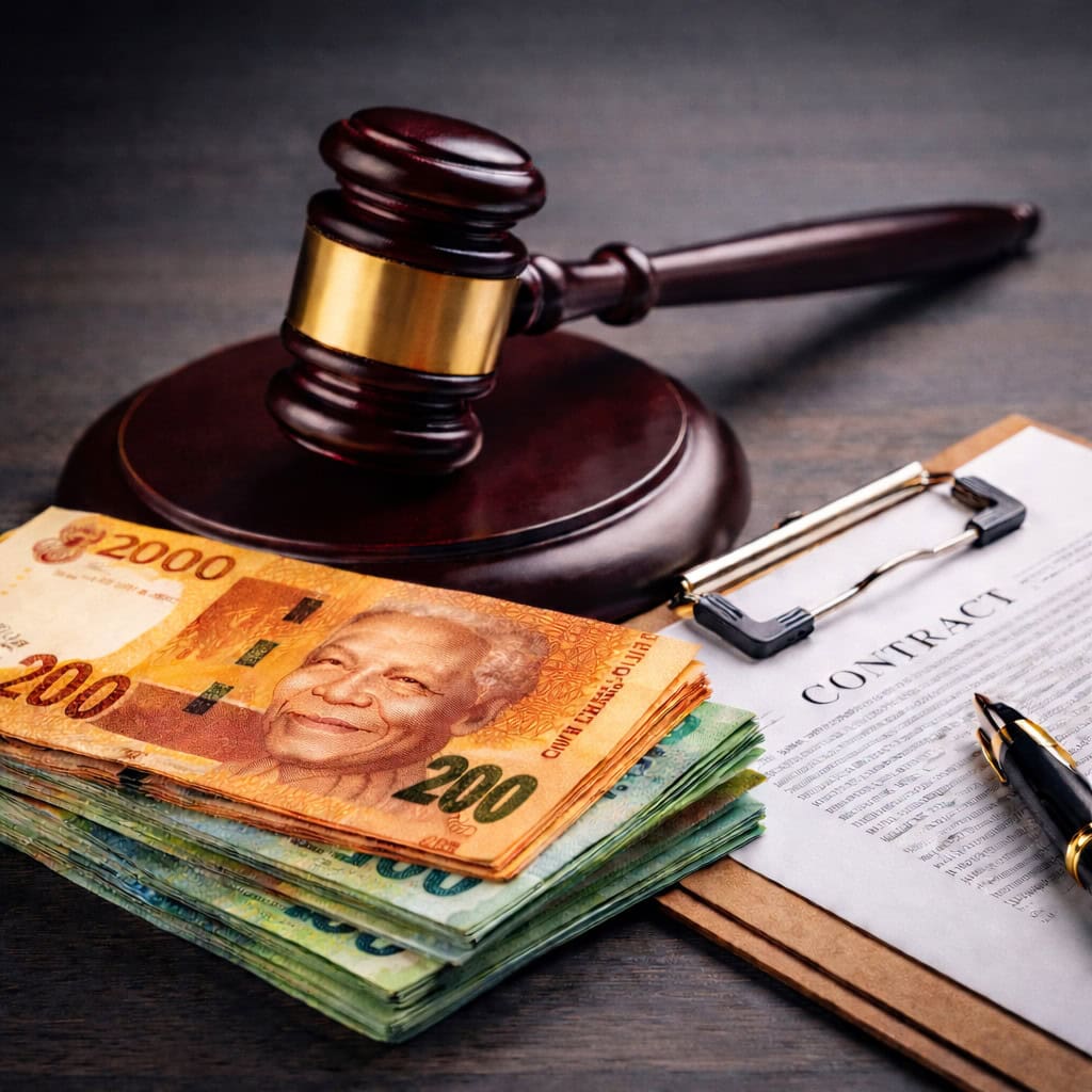 Online Gambling Laws in South Africa concept showing a judge’s gavel, South African rand notes, and a legal document