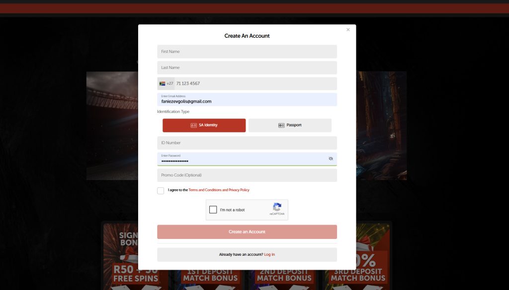 Playbet registration form example