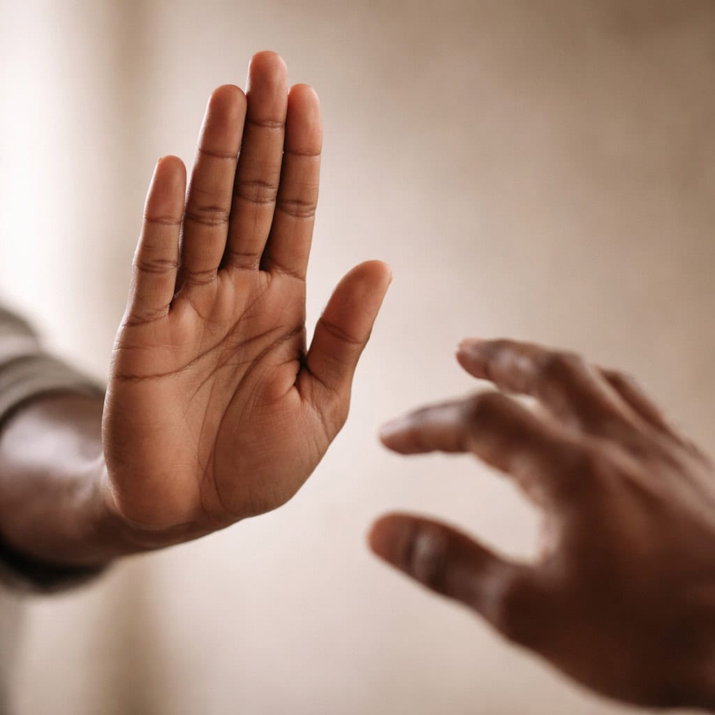 gambling self-exclusion in south africa concept showing one hand raised in a stop gesture blocking another reaching hand, symbolising control and restriction