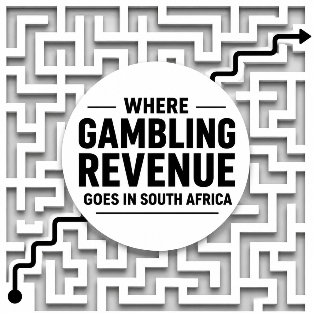 Where gambling revenue goes in South Africa infographic featuring a black and white maze background with a highlighted path and central text showing where gambling revenue goes in South Africa.
