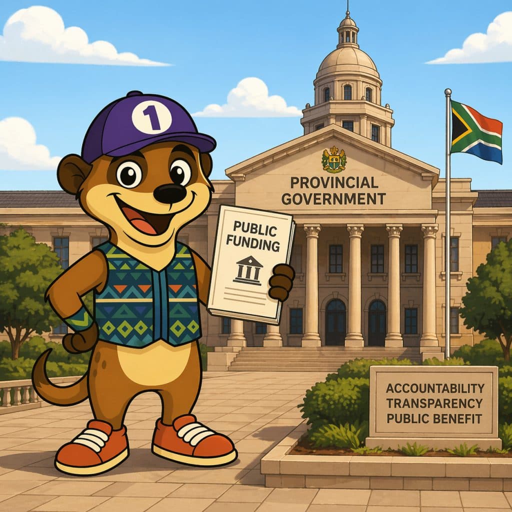 Where Gambling Revenue Goes in South Africa image of Lucky the Meerkat at a government building with funding document