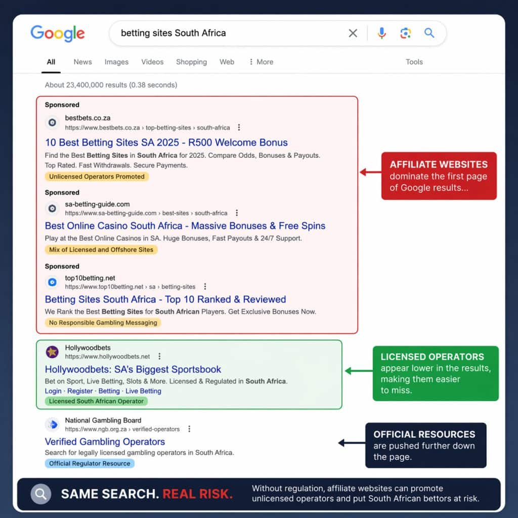 Why affiliate gambling sites need regulation in South Africa shown with Google search results and affiliate listings