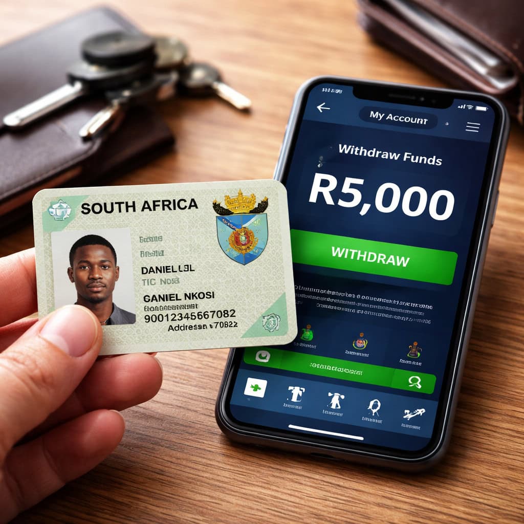 FICA verification in South Africa showing a hand holding a South African ID next to a smartphone with a betting withdrawal screen, illustrating identity verification for secure payouts