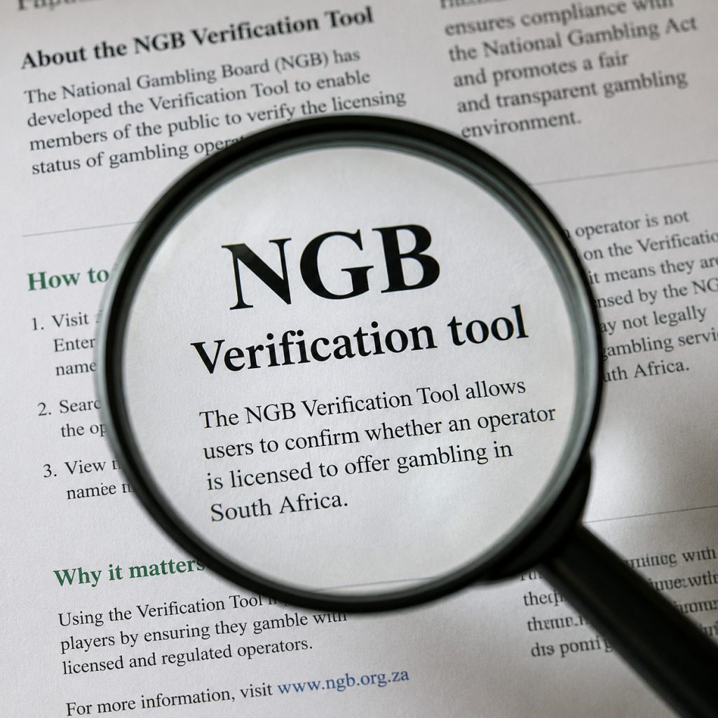 NGB Verified Operators Portal document under a magnifying glass showing verification and licensing information in South Africa