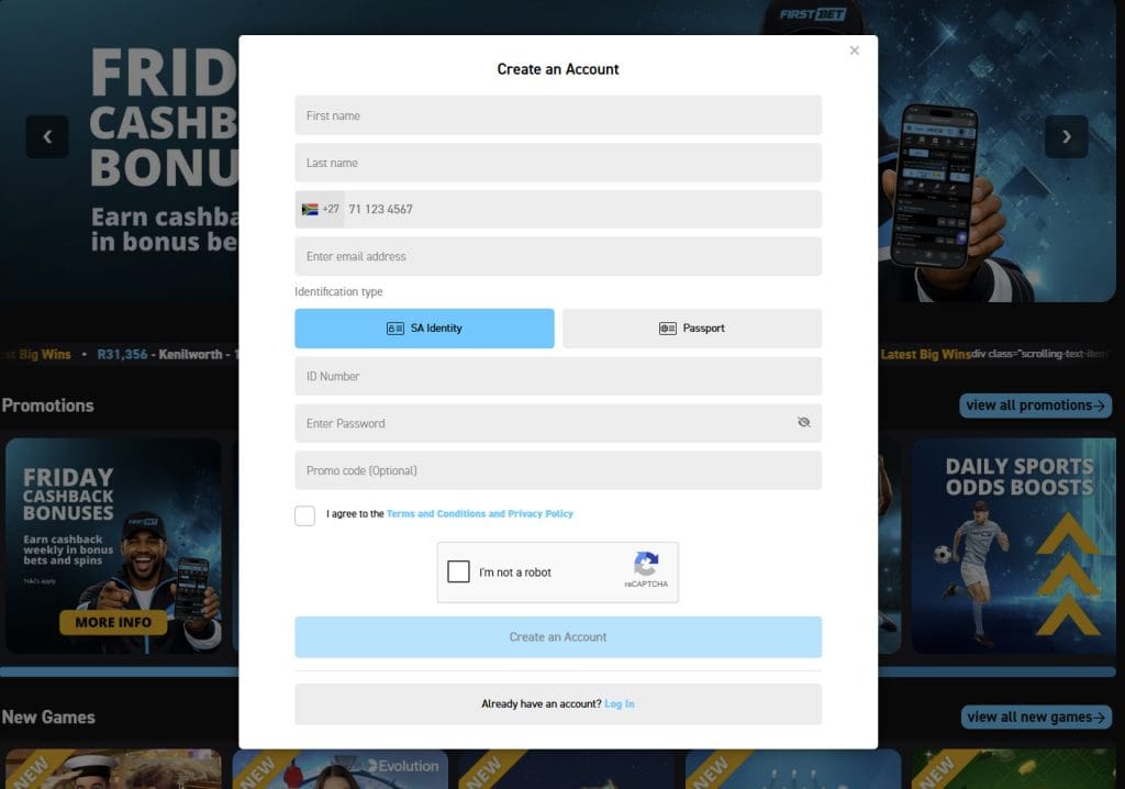 Firstbet registration form example