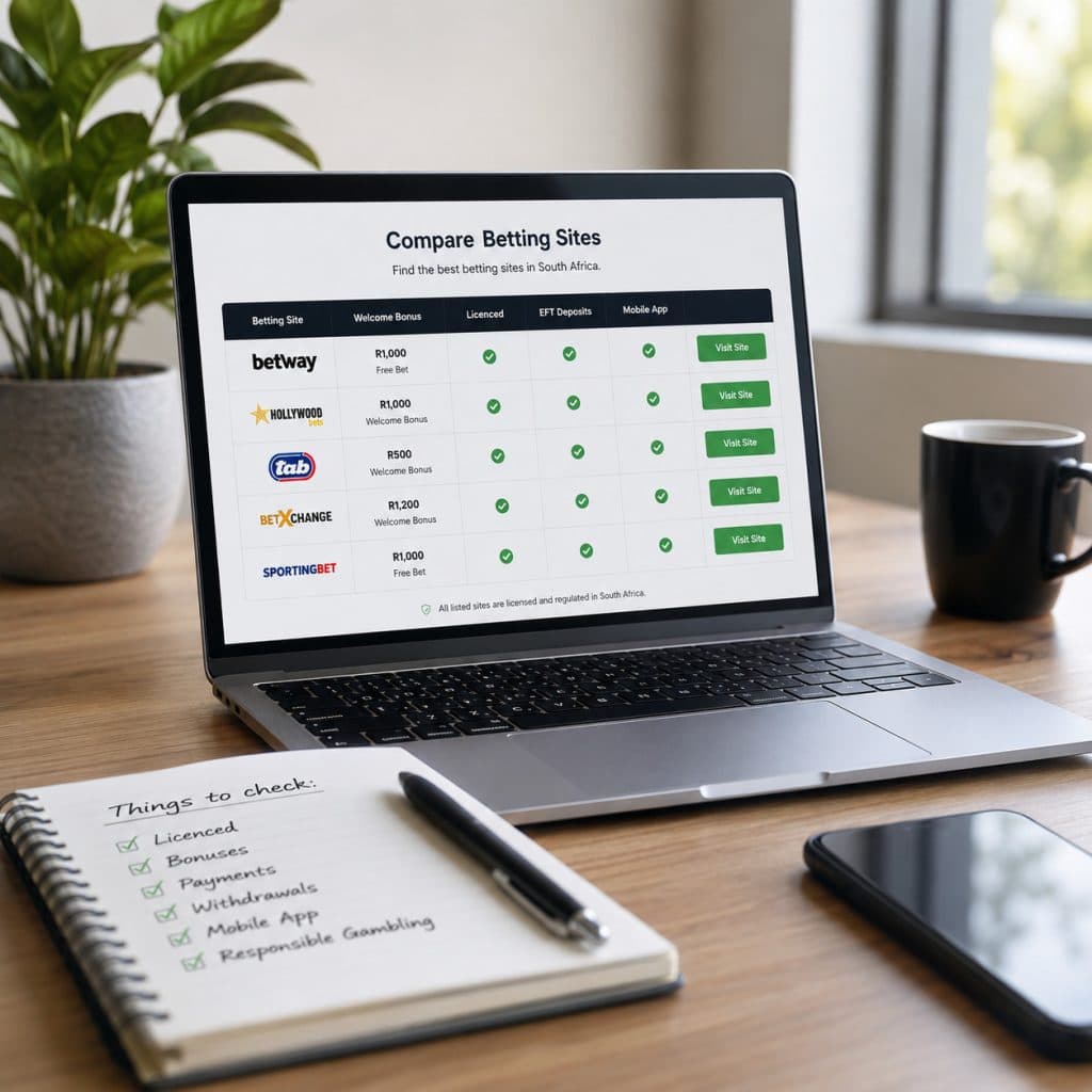 Realistic workspace showing how to compare betting sites in South Africa using licences, payment methods, bonuses, mobile betting, and withdrawal information.