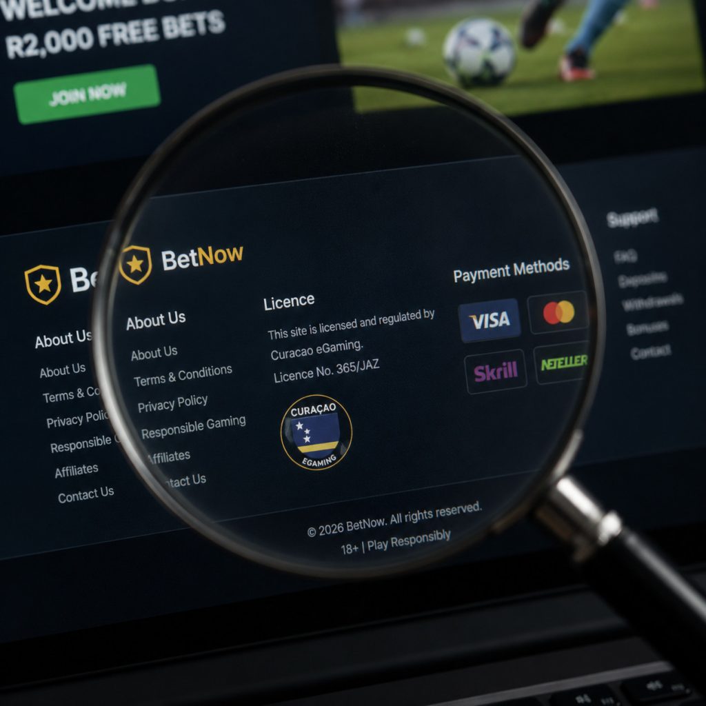 Illegal offshore betting South Africa warning with magnifying glass checking betting site licence details in website footer
