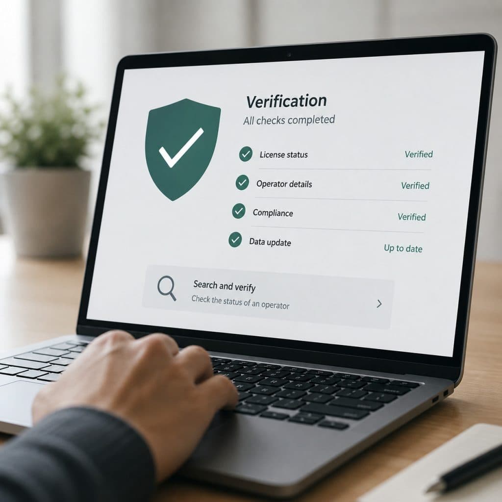 National Gambling Board verified operators portal shown on a laptop screen with a verification checklist, shield icon and search tool for South African bettors
