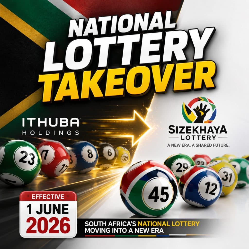 National Lottery Takeover featured image showing South African lotto balls, Ithuba to Sizekhaya transition, and 1 June 2026 launch date.
