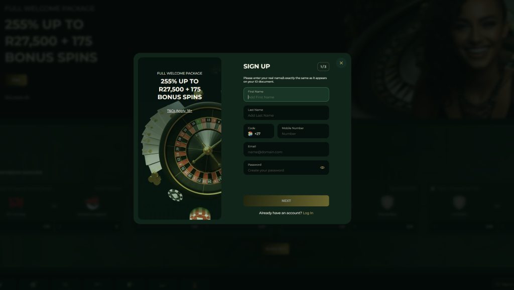 Onebet registration form example