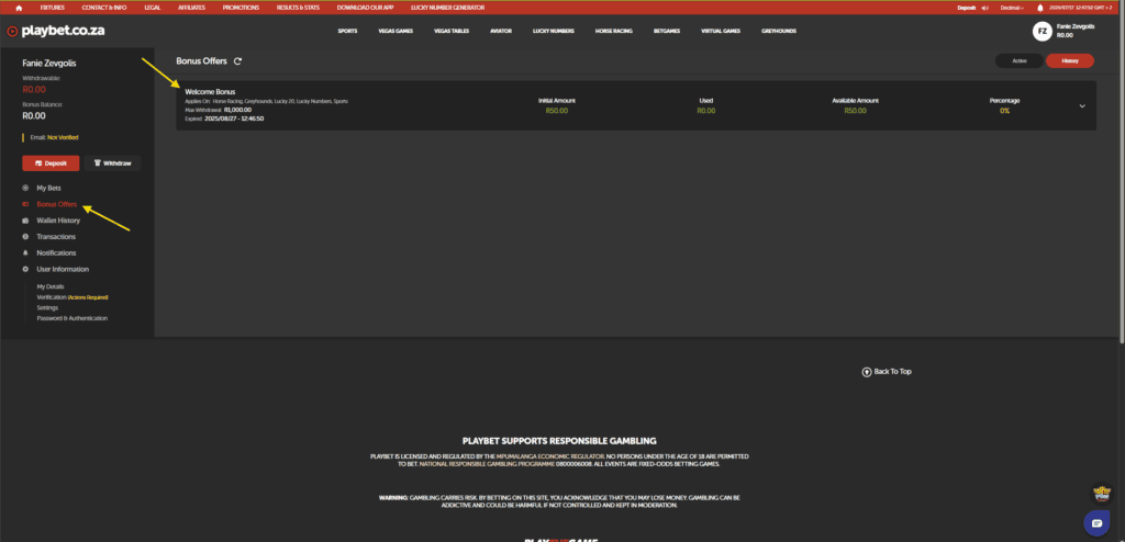 Playbet Bonus Offers page showing where to find a bonus wallet and view its balance and progress