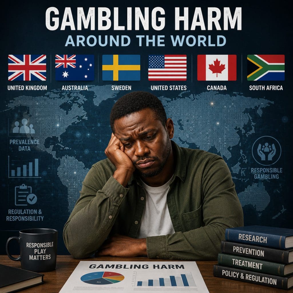 Problem gambling South Africa featured image showing international gambling harm awareness with global country flags and a concerned South African man seated at a table