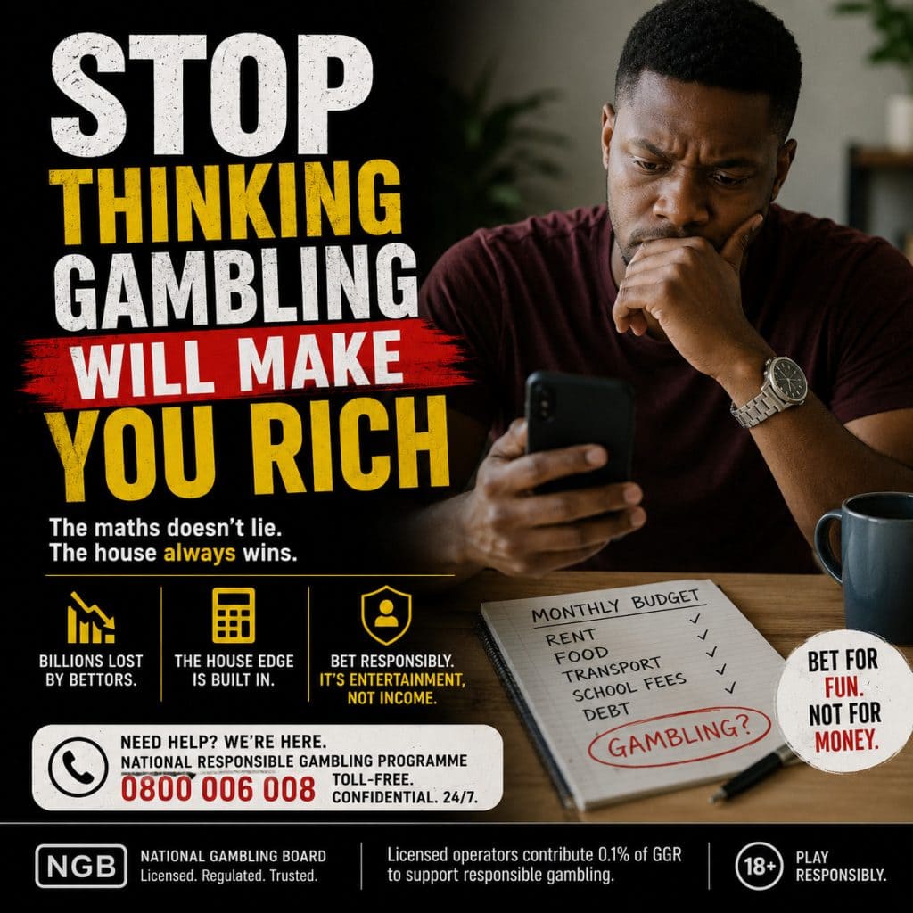 stop thinking gambling will make you rich responsible gambling awareness image showing a South African bettor looking at betting apps while reviewing monthly expenses and budgeting priorities