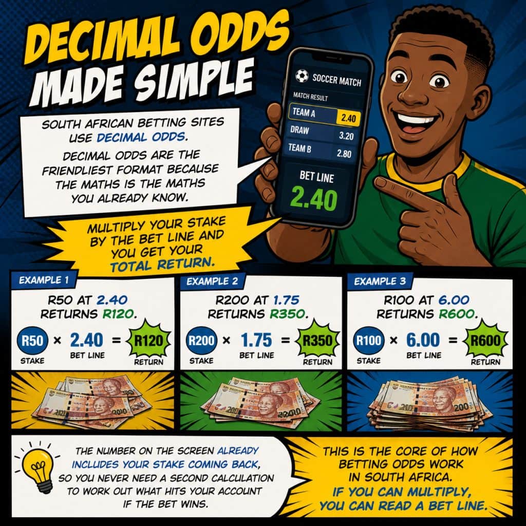 what is a bet line explained with decimal odds examples showing R50 at 2.40 returns R120, R200 at 1.75 returns R350 and R100 at 6.00 returns R600 in South Africa
