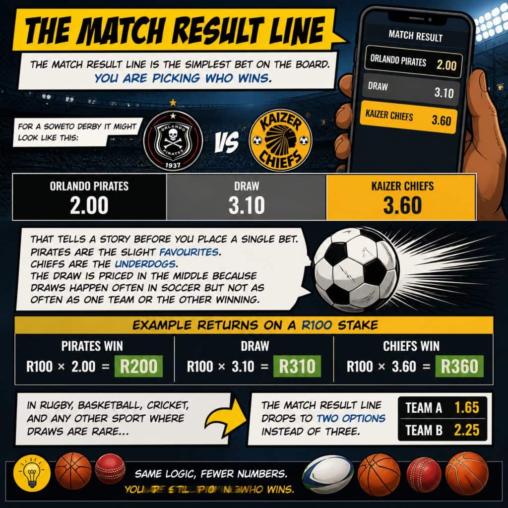 what is a bet line match result example showing Orlando Pirates 2.00, Draw 3.10, Kaizer Chiefs 3.60 with R100 return calculations