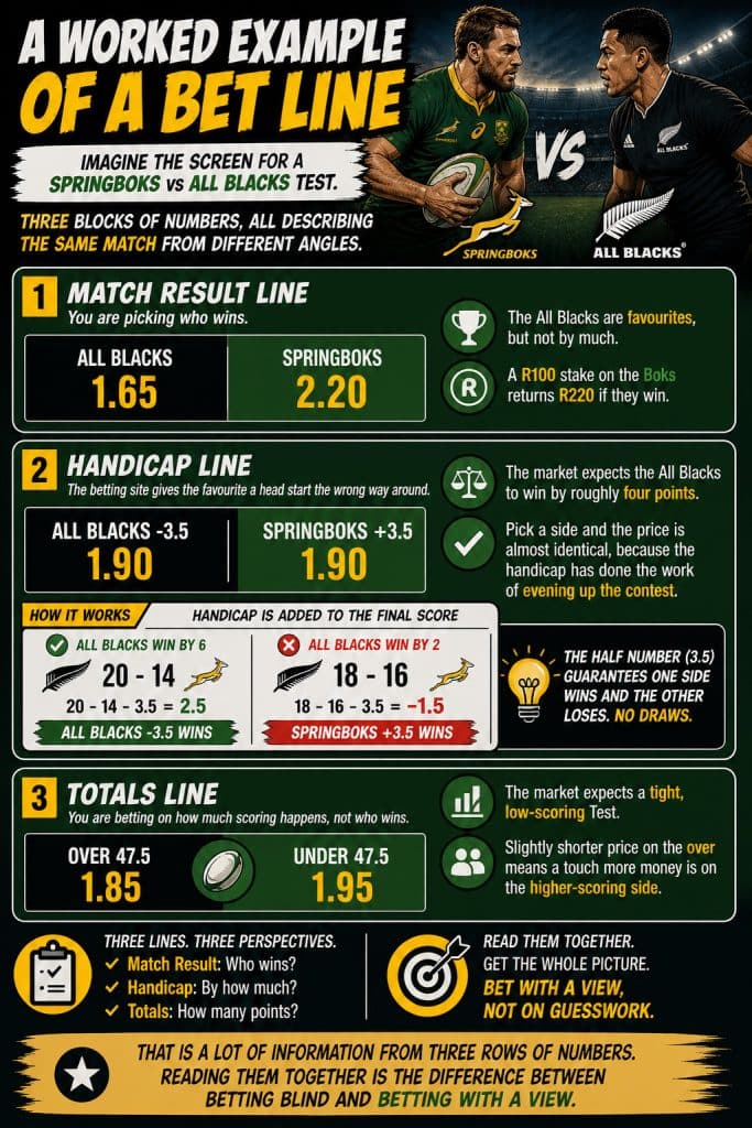 what is a bet line worked example showing match result odds, handicap line and totals line for Springboks vs All Blacks