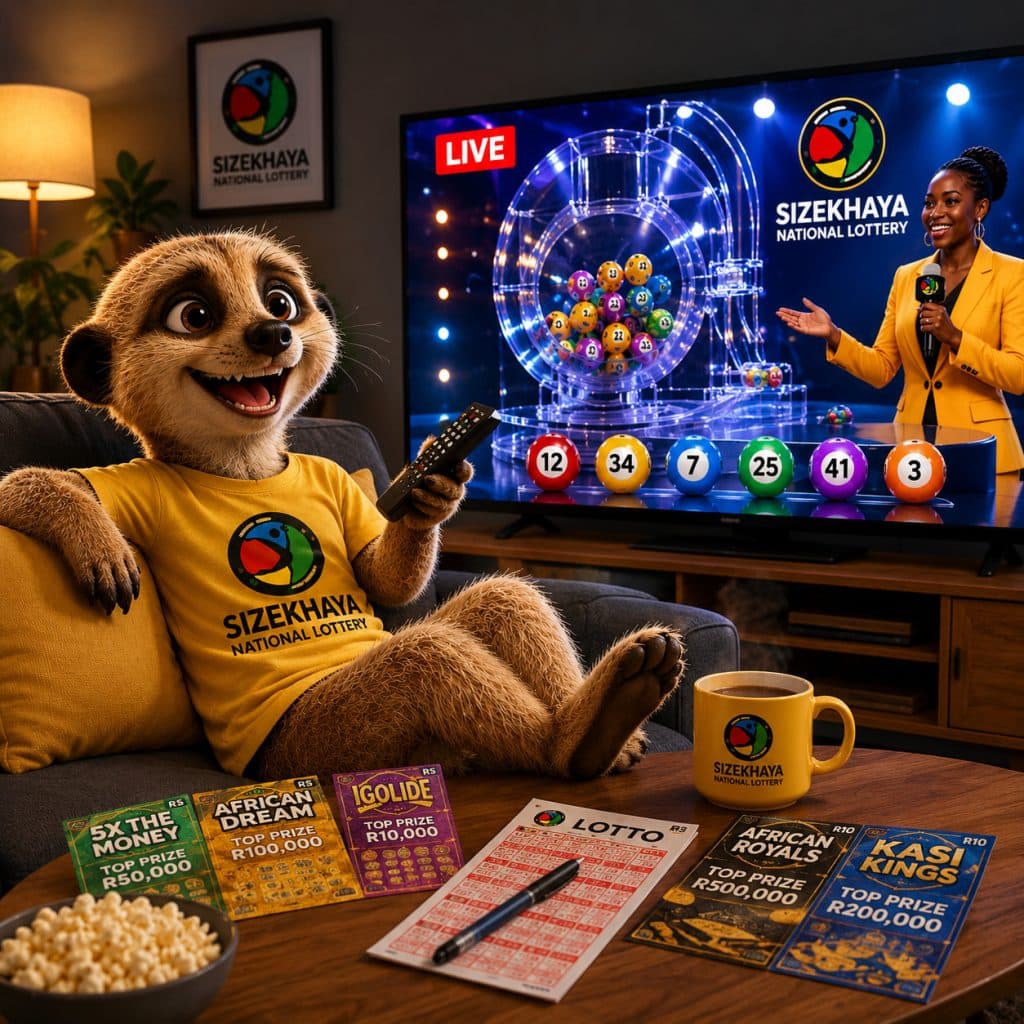 New National Lottery launch in South Africa as Lucky the Meerkat watches a live televised draw