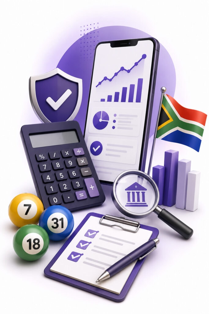 Betting Tools South Africa hub illustration featuring betting calculators, licence checks, lotto tools and responsible gambling resources.