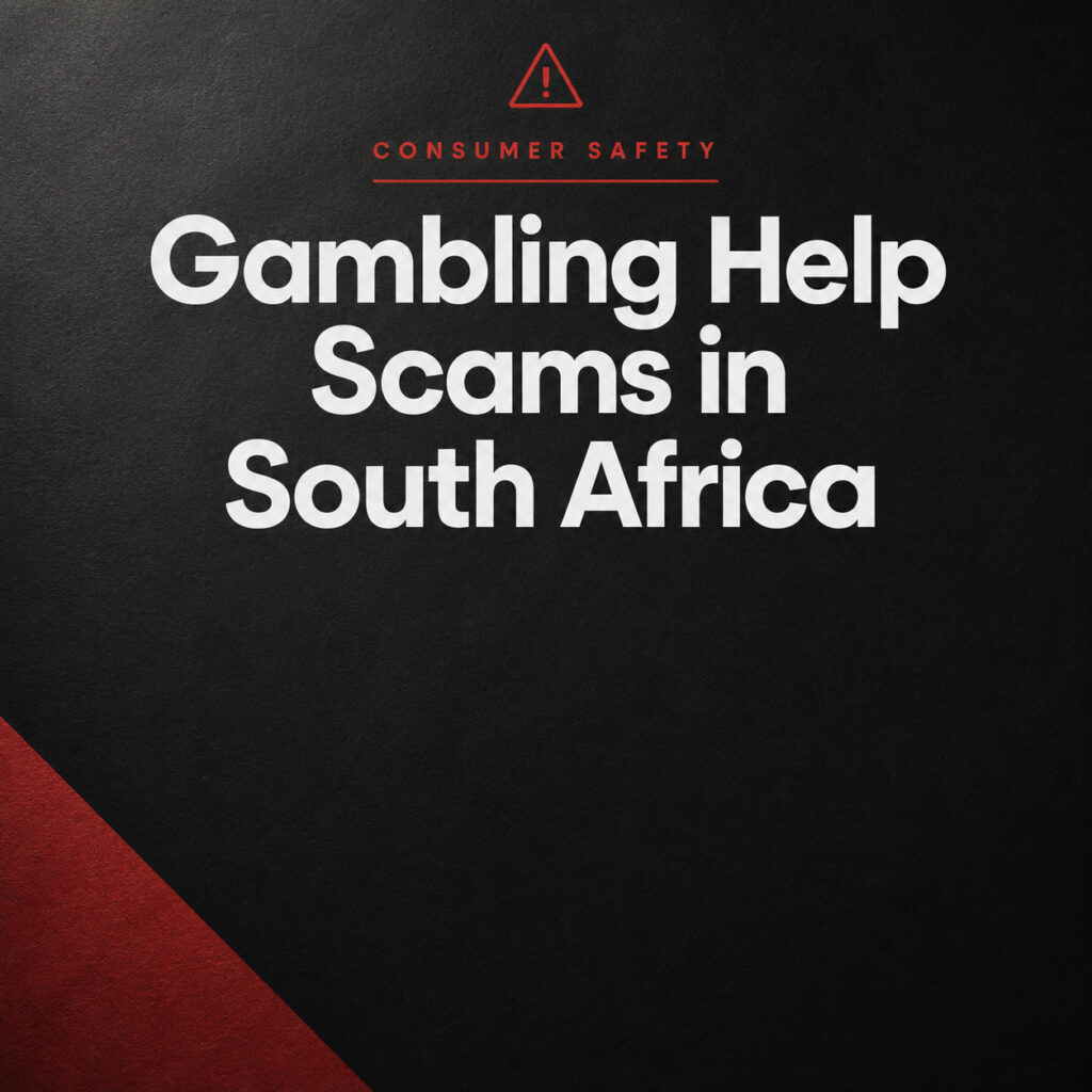 Gambling help scams in South Africa warning graphic with dark editorial background, red alert icon, and consumer safety headline.