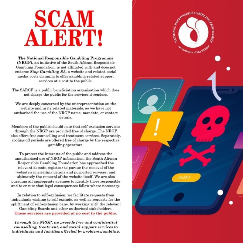 Responsible Gambling Foundation South Africa gambling help scams alert