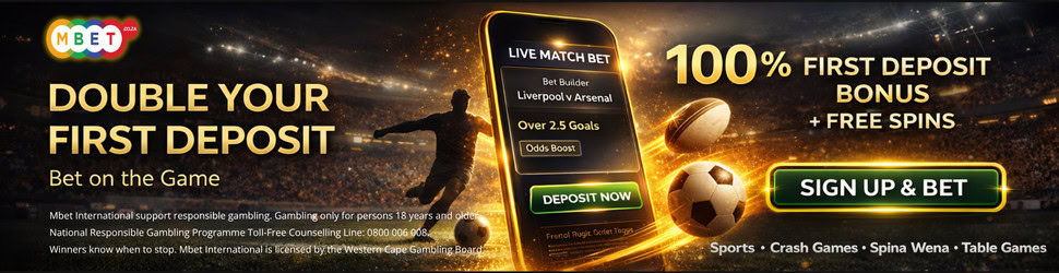mbet south-africa bonus banner with text double your first deposit + free spins