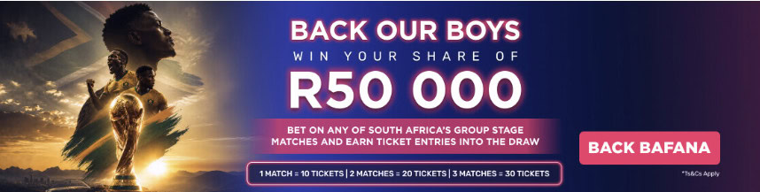 Pokerbet south africa world cup bonus banner with text back our boys win your share of R50000