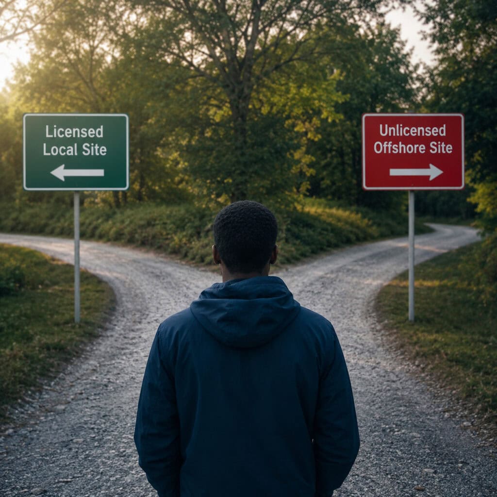Why South Africans End Up on Offshore Betting Sites: South African bettor facing a choice between a licensed local betting site and an offshore betting site.