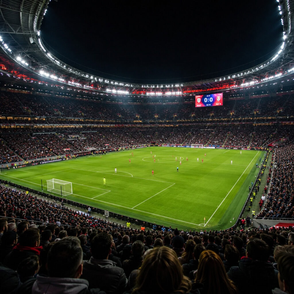 World Cup betting sites South Africa featured image showing a packed soccer stadium under floodlights during a major international tournament match.