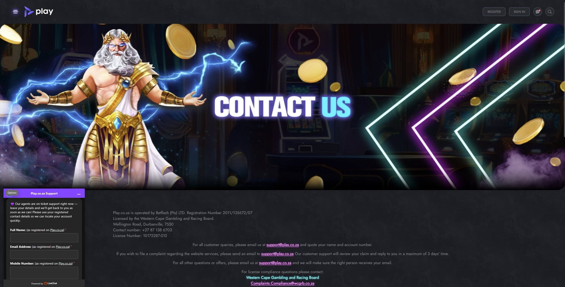 Playcoza South Africa review contact page showcase