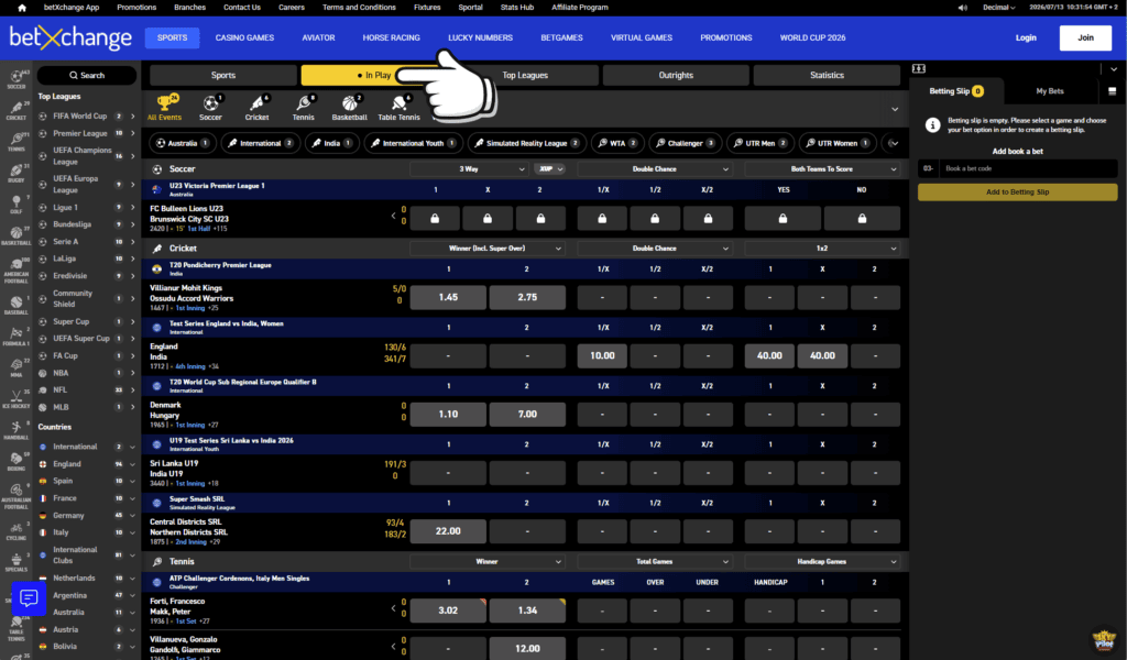 How to Place a live bet on a betting site step 1 select live or in-inplay