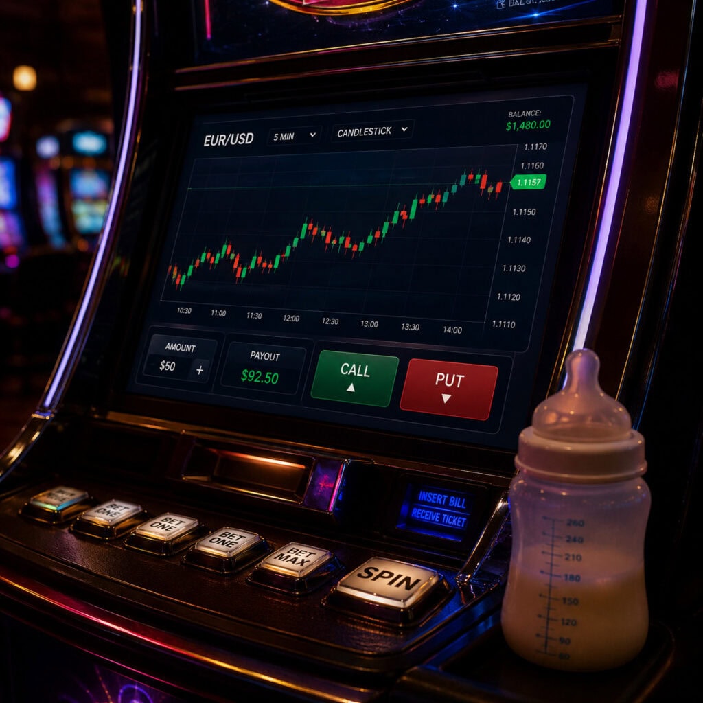 Trading apps gambling South Africa concept showing a candlestick chart inside a slot machine screen with a baby bottle beside it.