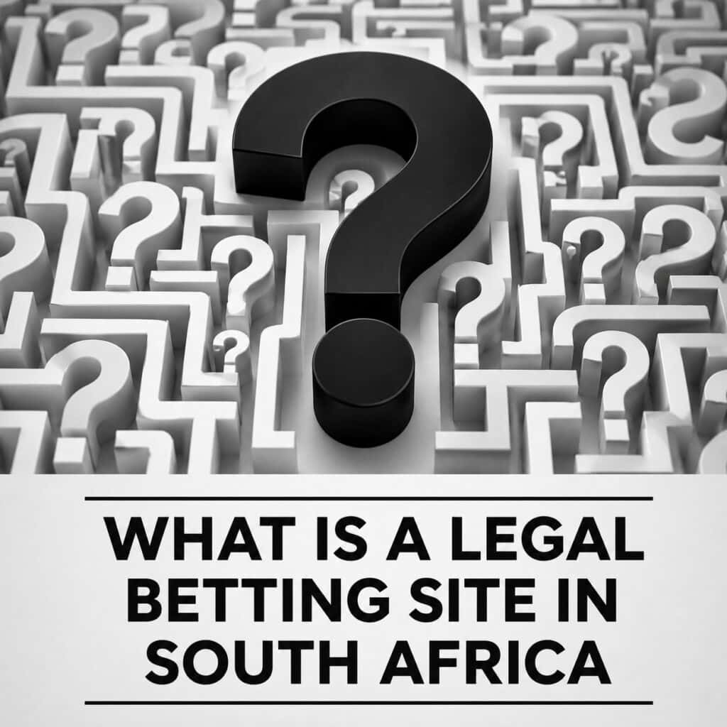 Large black question mark surrounded by a maze of smaller grey and white question marks, with the text “What Is a Legal Betting Site in South Africa?” underneath.