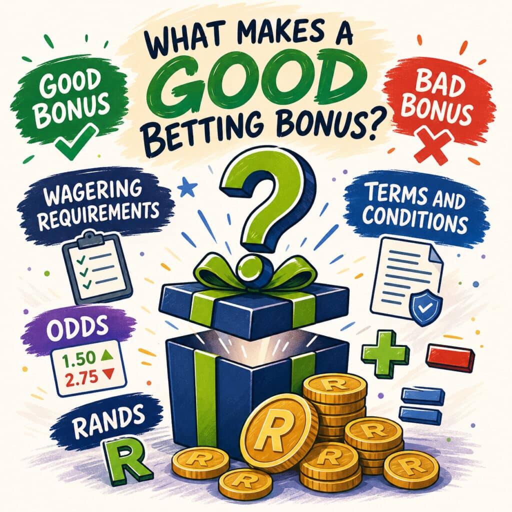 What makes a good betting bonus illustration with a gift box, question mark, wagering requirements, odds, terms and conditions, and South African rand coins.