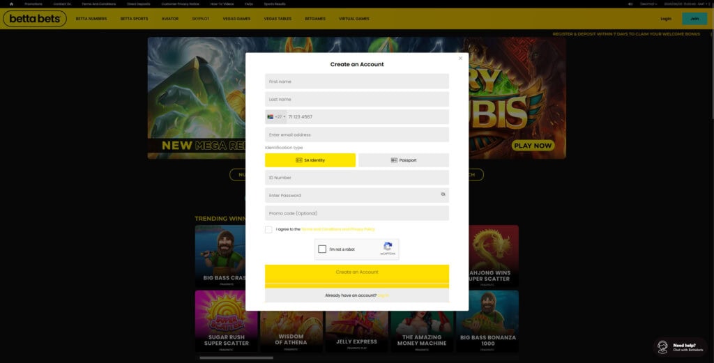 Bettabets South Africa review registration form preview