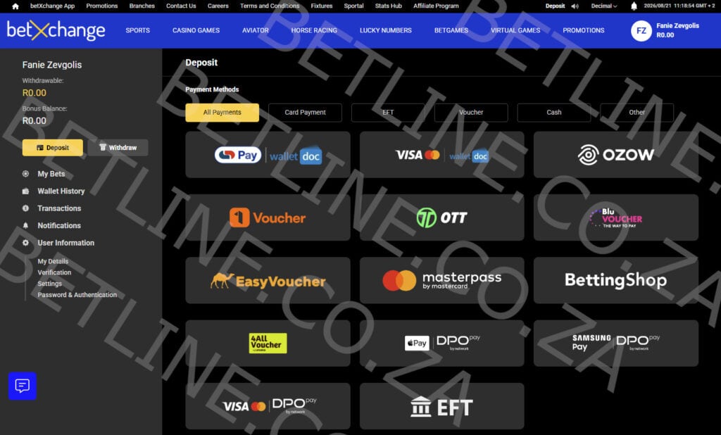 betXchange South Africa deposit methods preview