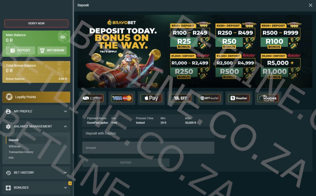 Bravobet South Africa deposit methods preview
