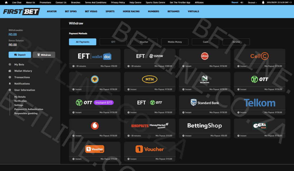FirstBet South Africa withdrawal methods on firstbet preview