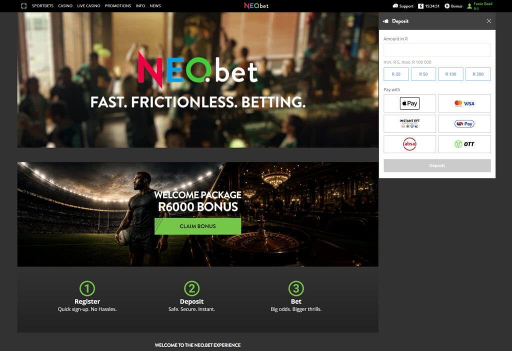 NEObet South Africa deposit methods preview
