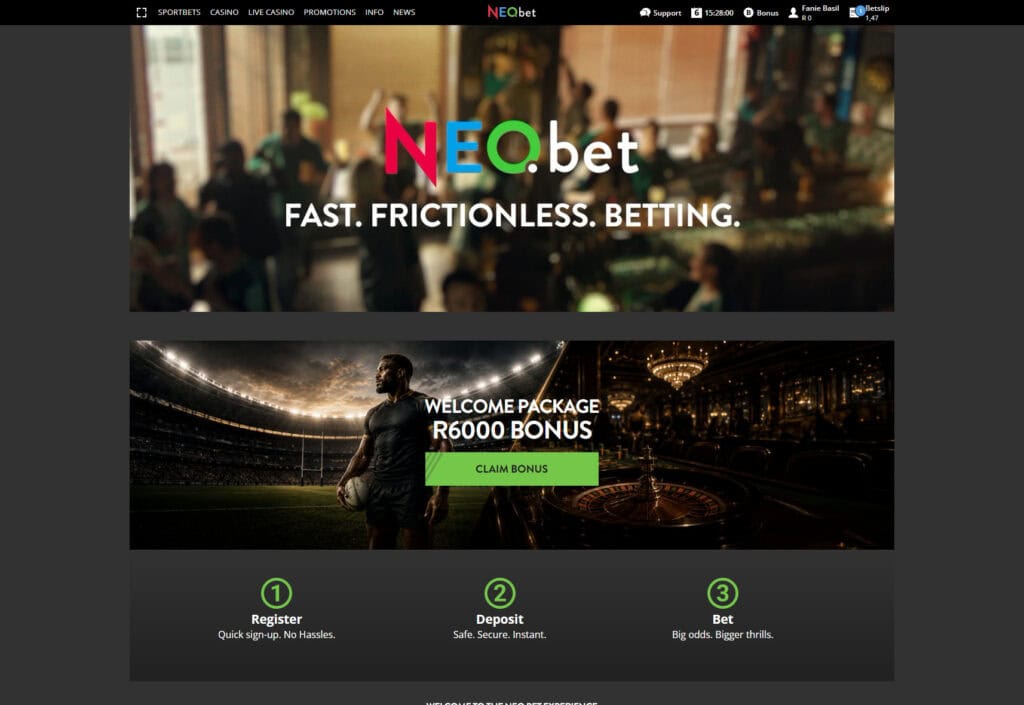 NEObet South Africa review home page preview