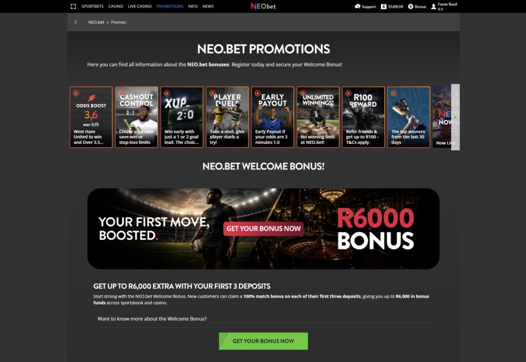 NEObet South Africa review promotions page preview
