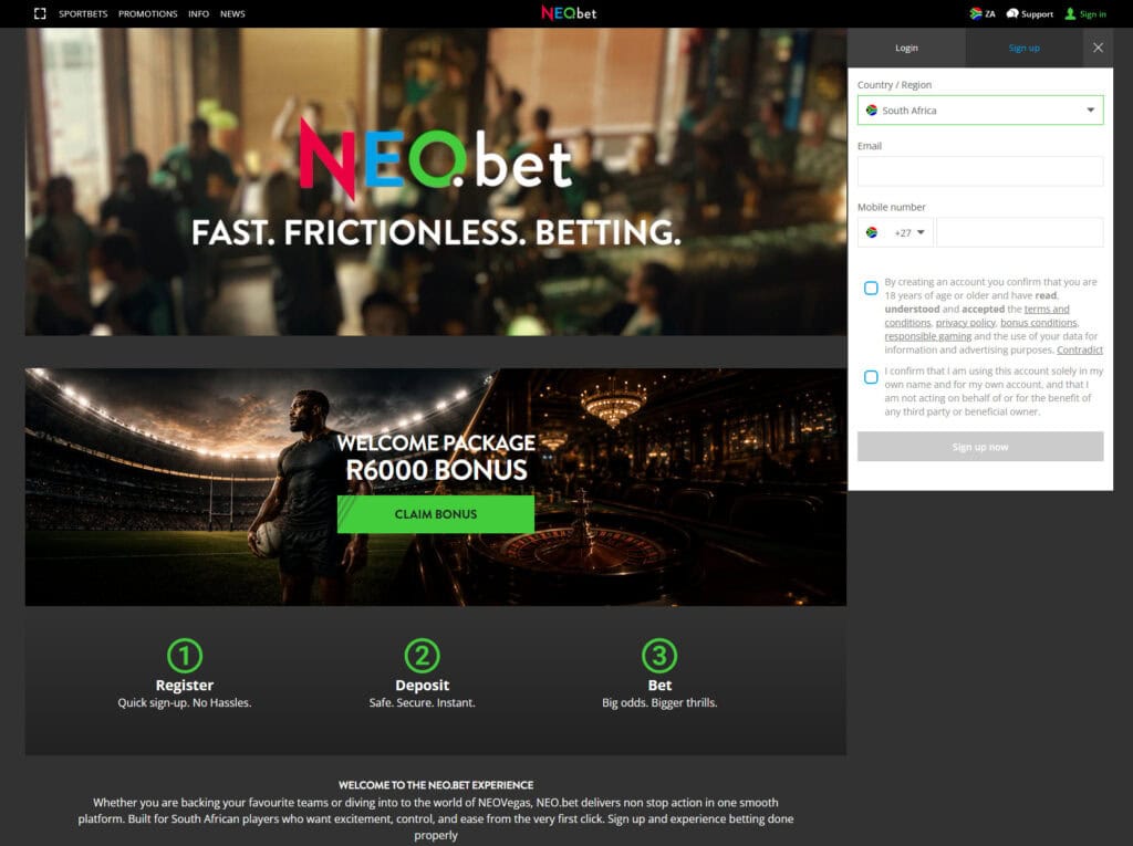 NEObet South Africa registration preview